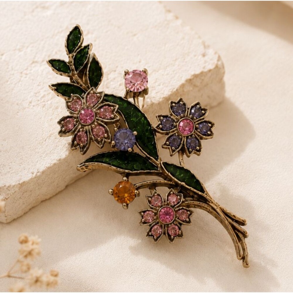 Vintage Trifari Colorful Floral Brooch Pink & Purple Rhinestones